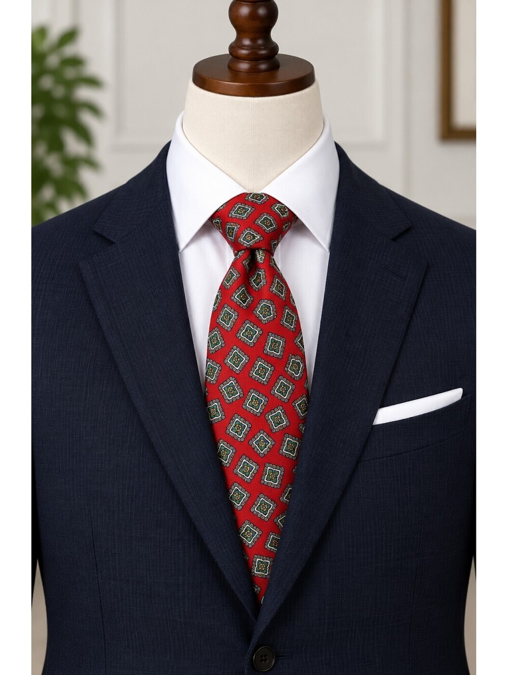 Neil Martin Red Silk Tie with Geometric Pattern
